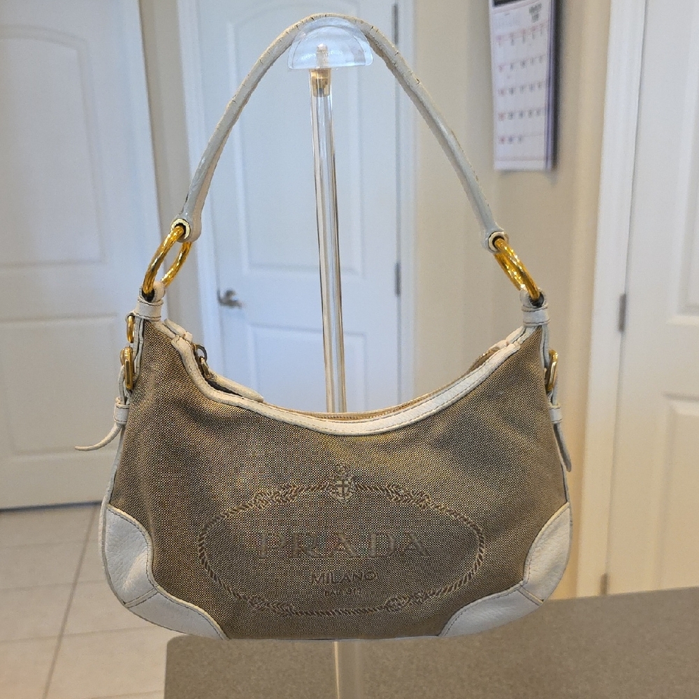Prada Beige Canvas and White Leather Shoulder Bag with Gold Hardware